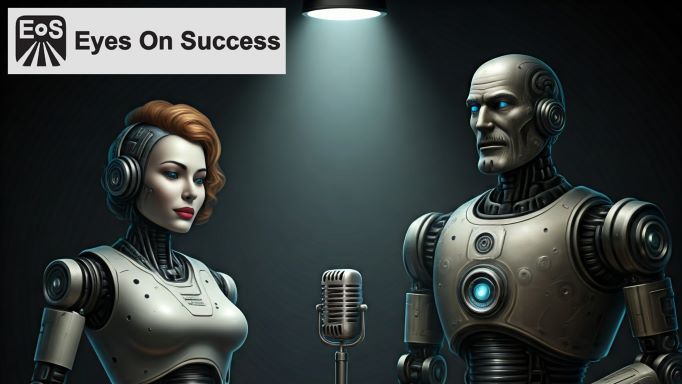 A male robot and a female robot are looking at each other and talking into a microphone.  They are both metallic with glowing blue eyes.  Above them in the background is the Eyes On Success logo.
